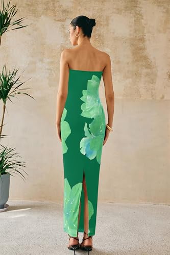 Image of PRETTYGARDEN Women Summer Strapless Maxi Dress Bodycon Floral Sexy Long Wedding Guest Dress Formal Tube Mesh Cocktail Dresses
