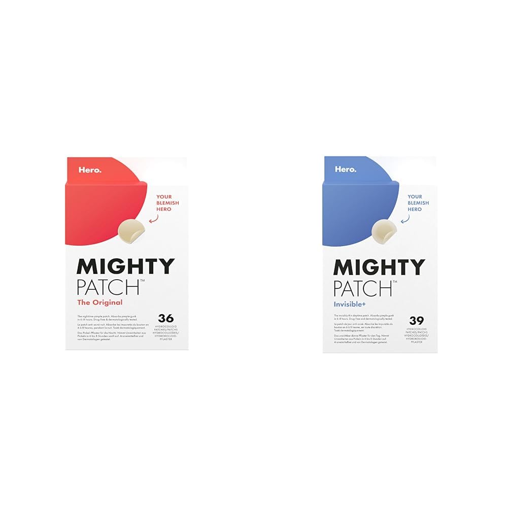 Mighty Patch 75 Pickel-Patches von Hero Cosmetics (36 Original & 39 Invisible+), Akne-Behandlung für Tag & Nacht, unsichtbare Hydrokolloid-Pflaster zur Pickelheilung, Anti-Akne Patches