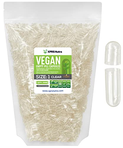Image of XPRS Nutra Size 1 Empty Capsules - 5000 Count Clear Empty Vegan Capsules - Vegetarian Pills - DIY Vegetable Capsule Filling- Veggie Pill Caps for Do-It-Yourself Supplements
