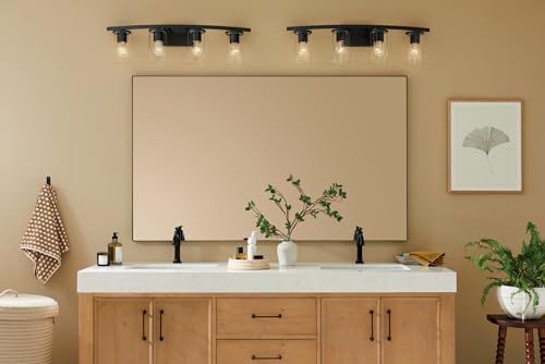 Image of Kichler Crosby 31.25 inch 4-Light Bathroom Vanity Light Fixture with Clear Glass in Black, Modern Wall Mount Light for Bathroom Over Mirror (31.25 inch x 8.75 inch), 45498BKCLR