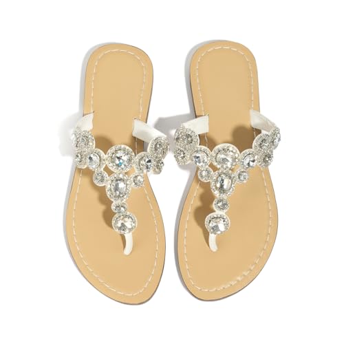 Image of Rhinestone Sandals for Women - Sparkly Jeweled Bling Thong Flip Flops, Dressy Gemstone Flat Sandals for Wedding, Party, Beach & Summer Outfits