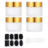 BENECREAT 4 Pack 3.4oz Thick Frosted Glass Straight Sided Jar with White Inner Liner and Gold Lids (2 Spatulas, 1 Label) for Face Cream Scrubs
