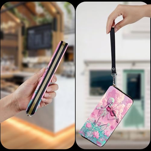 Wristlet Wallet for Women Teen Girls Womens Wallet RFID Blocking Credit Card Holder with Removable Wristlet,Leather Phone Wallet Clutch Large Capacity Ladies Travel Purs,Guitar and Lotus4