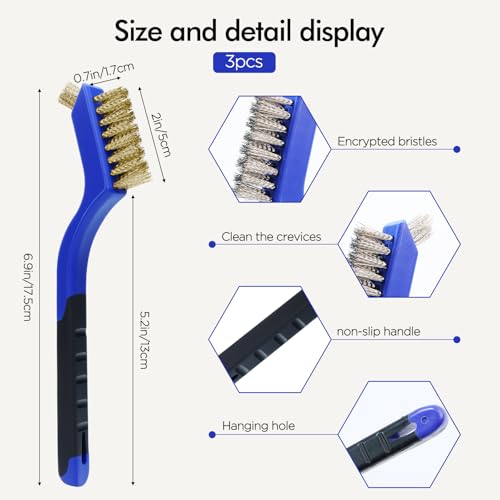 Image of 3 Pcs, Wire Brush Set, 7 Inch, Blue | Stainless Steel /Brass /Nylon, Cleaning Rust, Welding Slag Removal, Paint and Dirt Removal, Sturdy And Durable