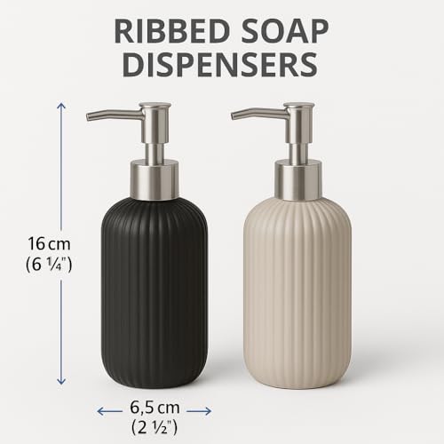 Image of LAGET 300ml Soap Dispenser for Wash Basin -Ribbed Design | Kitchen and Bathroom Accessories Items | Liquid Handwash Dispenser Bottle Chrome Finsih Top- Set of 2 (Black and Grey)