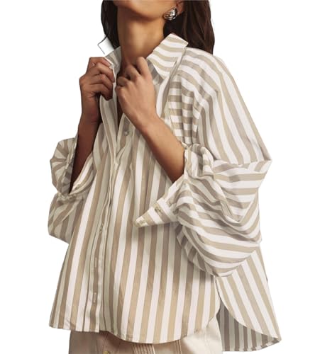 Oversized Button Down Shirts for Women Striped Batwing Long Sleeve Blouses Boyfriend Collared Tops