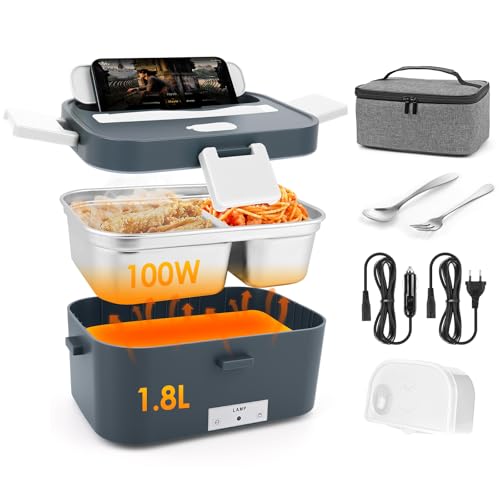 Dreamhigh® 100W Scaldavivande Elettrico Portatile 1.8L, Porta Pranzo Riscaldabile con Borsa, Forchetta e Cucchiaio, 12V/24V/220V Lunch Box Elettrico, Porta Pranzo da Ufficio e Auto
