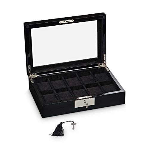 Hermann Jäckle - Uhrenbox Ensingen I für 10 Uhren I Holz I Uhrenkasten Schwarz Hochglanz-Poliert I Uhrenaufbewahrung für Armbanduhren I Uhr-Box I Uhrenetui