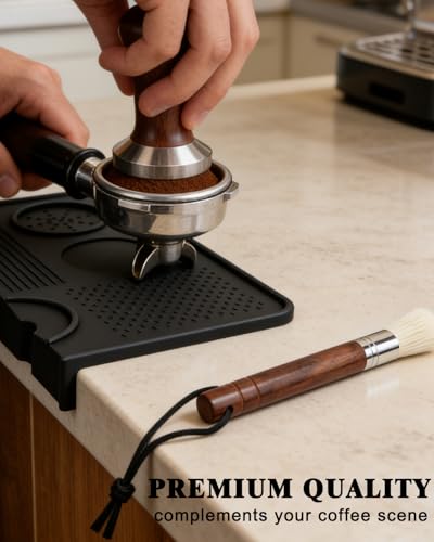 Image of 1+1 PACK Espresso Matt for Counter, Silicone Coffee Tamping Mat with Ebony Wood Boar Bristle Brush, Black Barista Mat for Counter, Tamping Station for Coffee Machine Accessories