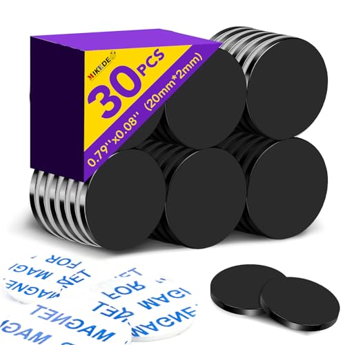 MIKEDE Neodymium Magnets, 30 PCS Black, Strong Heavy Duty for Fridge, Epoxy Coated Rare Earth Small Magnets with Double-Sided Adhesive Backing for Whiteboard, DIY, Science-0.78x0.18in