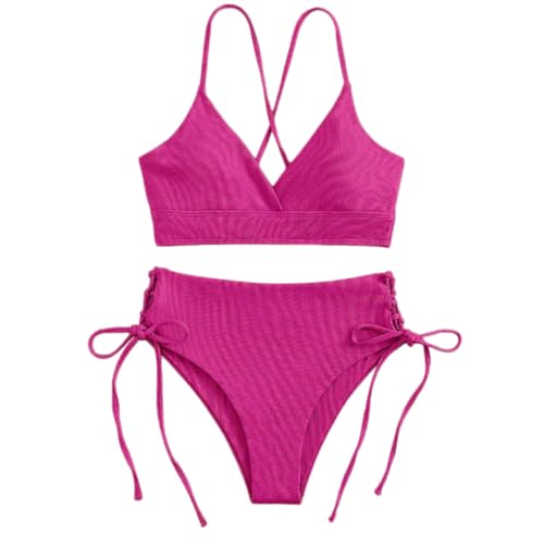 Fryloo bañador Conjunto De Bikini Sexy con Cuello En V para Mujer – Traje Baño Triangular Cordones Divididos Playa, Piscina, Vacaciones Verano, Baño-Rojo Violáceo-s