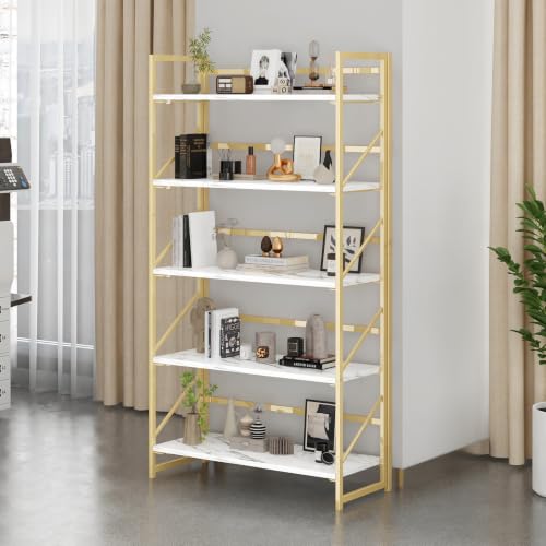 Image of JSB 5 Tier No Assembly Folding Bookshelf, 30.7 inch Wide Foldable Storage Bookcase for Home Office, Space-Saving Storage Shelf for Living Room (White&Gold)