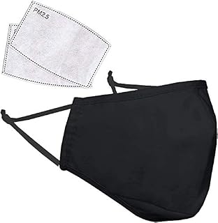 Cotton Face Cover with 2x Carbon Air Filters - Washable & Reusable Face Mouth Protector with Adjustable Straps (Black)