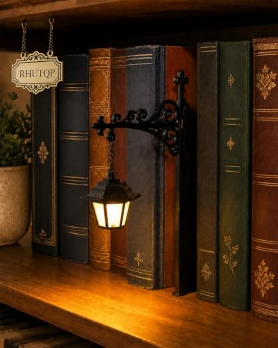 RHUTQP Bookshelf Illumination Light, Library Lantern Decorative Lighting, Mini Vintage Hanging Lamp, Unique Iron Bracket Book Nook Accent for Reading Corners, Shelves, Home Office and Book Lovers