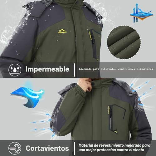 Miniatura 2 de Kefitevd Chaquetas Impermeables Lana Hombre Abrigos Impermeables Esquí Cálidos Invierno Abrigos Térmicos Exteriores,Verde Militar,L