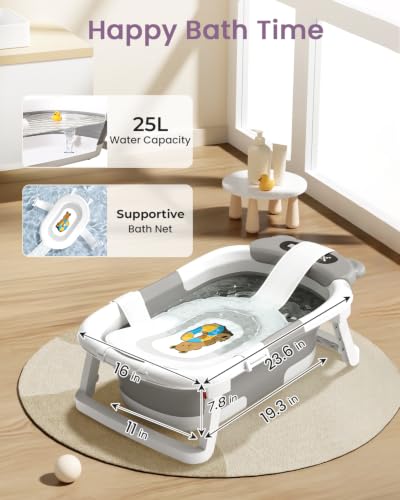 Image of 2-in-1 Foldable Baby Bathtub with Stand, Newborn Tub for Infant to Toddler, Easy-Store Design, Baby Shower Gift for New Parents, Grey
