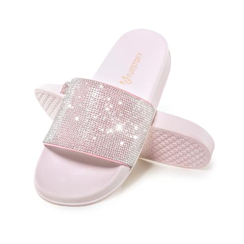 Image of Fur Story Womens Slides House Slippers Rhinestone Glitter Slides Cute bling Flat for Women Platform Sandals Cozy Bedroom Slippers Shower Shoes