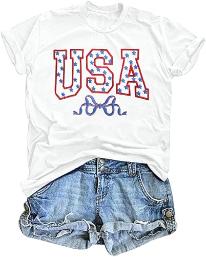 LAZYCHILD Women 4th of July Shirts: American Flag Shirt Embroidery USA Flag Bow T-Shirt Patriotic Short Sleeve Tops