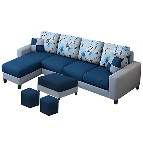 Image of Orland 8 Seater LHS L Shape Sofa with Center Table & 2 Puffy | Color - (Blue Grey Fabric)