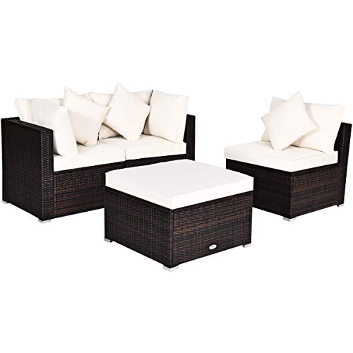 Tangkula 4 Pcs Patio Rattan Sofa Set, Outdoor Wicker Sectional Furniture Set, Patio Conversation Set With Removable Cushions & Pillows For Backyard Porch Garden Poolside Balcony (Brown) #TOP19