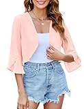LOMON Lightweight Cardigan for Women 3/4 Sleeve Bolero Shrugs Open Front Crop Ruffle Cover Up (Peach Pink,XL)