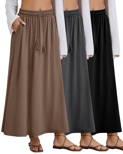 3 Pack Women's Maxi Long Skirts, Ankle Length a Line Elastic High Waist Flowy Boho Casual Skirt with Pockets