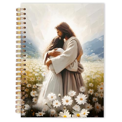 Qabliqo Jesus Christian Spiral Notebooks, Christian Gift Journal for Women, Daisy Flower Field Jesus Hugging Journals for Woman, Religious Notebook for Note Taking, 5.5x8.3 Inch