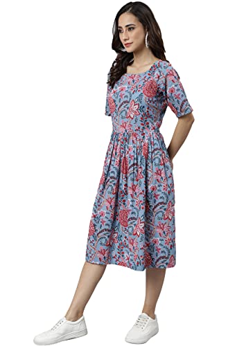 Image of Janasya Women's Cotton Floral Print Flared Dress
