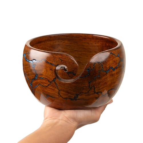 Image of Wooden Yarn Bowl for Crocheting, 7x4 inch Large Rosewood Crochet Holder Gift Accessories and Knitting Gadgets Supplies Handcrafted with Fractal Wood Burning & Blue Resin Inlay ( Blue 7x4 )