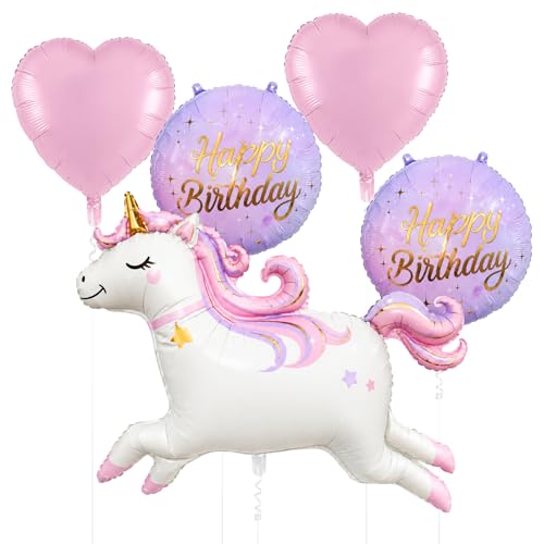 Image of Rozi Decoration Magical Unicorn Foil Balloon Set with Happy Birthday Round Balloons & Heart Balloons, 5 Pcs Birthday Decoration Kit for Kids Party, Unicorn Theme Celebration