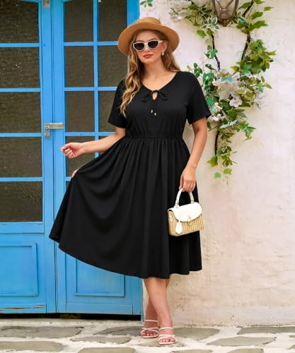 Image of RITERA Plus Size Dresses for Curvy Women Short Sleeve V-Neck Summer Dress Floral /Solid Midi Sundress with Pockets XL-5XL