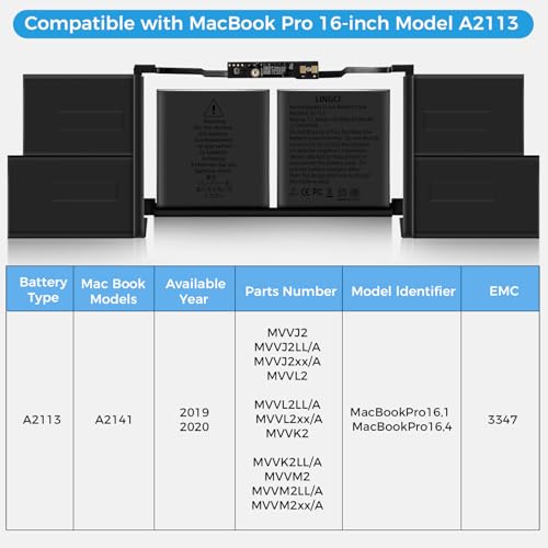 Image of A2113 Battery,A2141 Battery Replacement for MacBook Pro 16 Inch A2141 Retina Series (Year 2019 2020) EMC 3347(Upgraded High Performance 8790mAh 11.36V 98.8Wh)