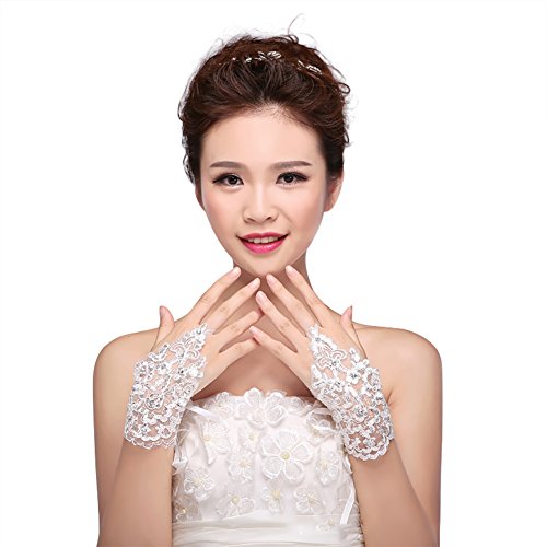 Gants Mariage Blanc Gant Déguisement Femme Mitaines Court Exquis Gants en Dentelle avec Lacet...
