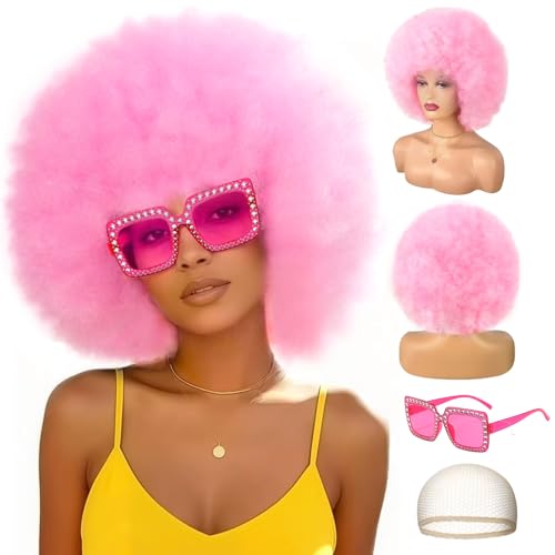 WOKNOW Colored Afro Wigs for Women Men 70s and Disco Sunglasses Set Funny Wig with Curly Bouncy Huge Fluffy Puff and Oversize Retro Rhinestone Sunglasses - for Costume Cosplay Party (Pink)