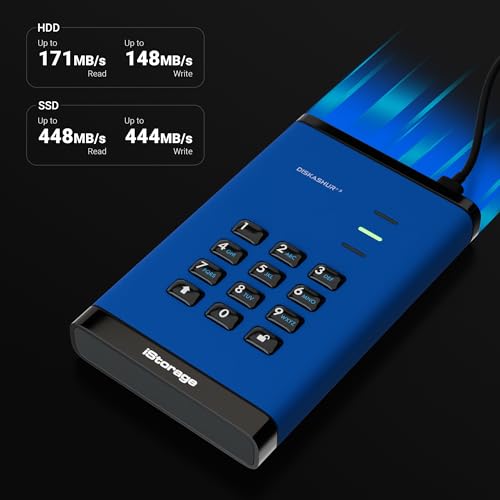 Disque dur portable iStorage DiskAshur3 2 To Bleu à cryptage matériel