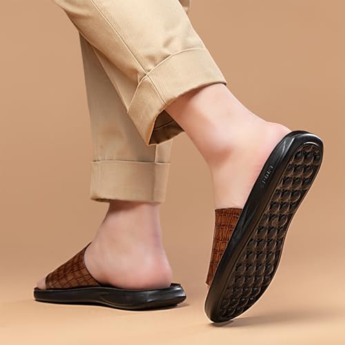 Image of Men's Print Genuine Leather Flat Slides Sandals Round Open Toe Non Slip Outdoor Slip On Casual Flats Slippers Lightweight Beach Summer Sandals