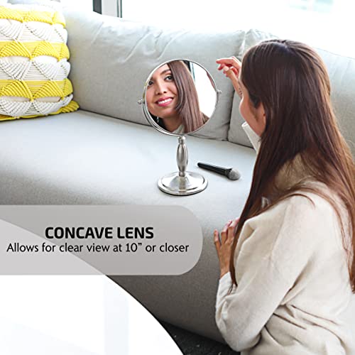 Image of OVENTE 8'' Tabletop Makeup Mirror with 1X /7X Magnification, 360 Swivel Design and Double-Sided Free-Standing Vanity Mirror Perfect for Dresser, Bedroom and Office Desk, Nickel Brushed MNLAT80BR1X7X