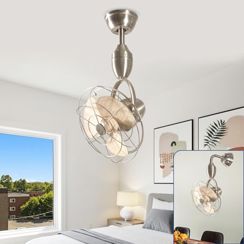 Depuley Oscillating Ceiling Fan with Remote: Nickel and Wood Wall Mount Fan Ceiling for Patio - Caged Outdoor Wall Fan for Indoor Bedroom Kitchen - 80° Oscillation 100° Adjustable