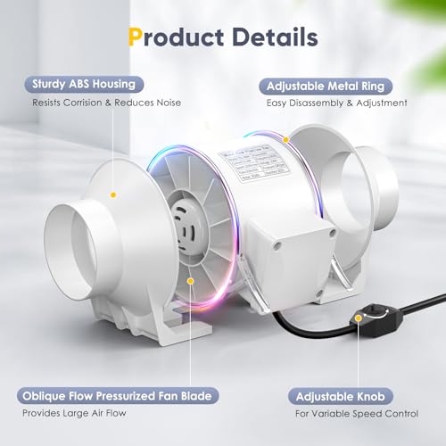 Trsaow 4-Zoll-Kanalventilator, Inline-Lüfter mit 310 m³/h Luftstrom, variable Geschwindigkeitsregelung geräuscharm Luftventilator für Kanalentlüftung im Badezimmer in der Küche 100 mm Abluftventilator