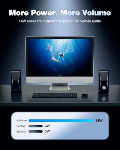 Image of Nylavee Computer Speakers, Hi-Fi Stereo Sound PC Speakers with Bluetooth 5.0 and 3.5mm AUX-in, 14W AC Powered, Built-in Equalizer Modes and RGB Lights for Desktop PC, Monitor, Laptop, PS5, Xbox