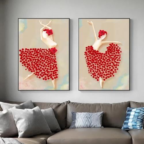 Peinture sur toile vintage KEBIA fleur rouge dansante pour salon 35x50 cm sans cadre