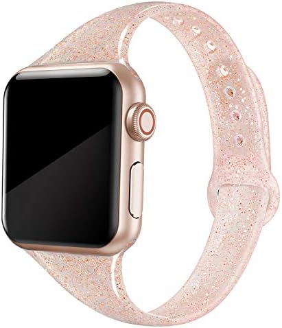 Sport Silicone Band Compatible with Apple Watch 38mm 40mm 42mm 44mm, Soft Silicone Shiny Glitter Bling Thin Slim Narrow Small Strap Compatible with iWatch Series 6, 5, 4, 3, 2, 1, SE, Sport & Edition Women