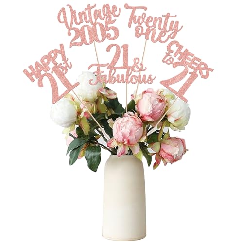 Image of 15 PCS 21st Birthday Centerpiece Sticks Twenty One Happy 21 Vintage 2005 Table Flower Centerpieces Sticks Cheers to 21 Fabulous Floral Decorations for 21st Birthday Party Supplies Rose Gold