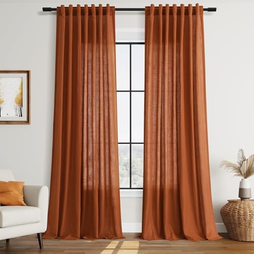 Image of Rust Linen Curtains 108 Inches Long for Living Room Light Filtering Semi Sheer Curtain Back Tab Vintage Rustic Decor Extra Long Floor to Ceiling High Window for Bedroom Office 52x108, 2 Panels