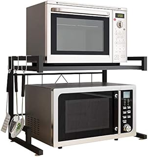 Nisorpa Expandable Microwave Oven Rack 2 Tiers Kitchen Counter Shelf Adjustable Organizer Stand with 4 Hanging Hooks Adjustable Counter Shelves Storage Holder Black 46-60cmx36.5cmx42cm