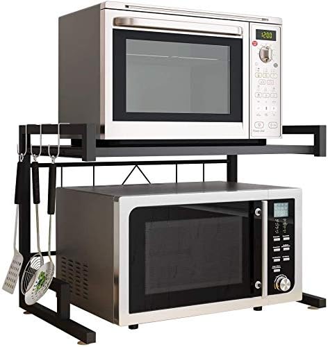 Nisorpa Expandable Microwave Oven Rack 2 Tiers Kitchen Counter Shelf Adjustable Organizer Stand with 4 Hanging Hooks Adjustable Counter Shelves Storage Holder Black 46-60cmx36.5cmx42cm