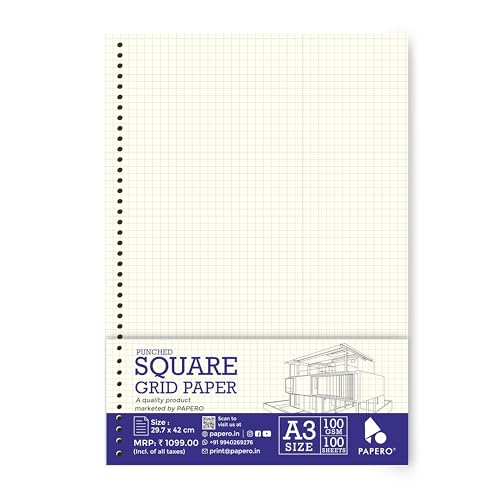 Image of PaperO A3 Punched Loose Leaf Square Grid Sheet /Grid Paper | 100 GSM | 100 Sheets | A3 (42 x 29.7cm) | Ideal for Artists & Designers | Suitable for Spiral Binding