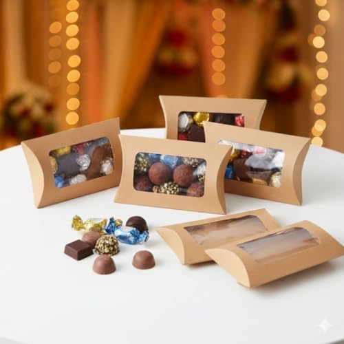 Image of SATYAM KRAFT 20 Pcs Brown Small Paper Pillow Gift Boxes with Transparent Window | Folding Boxes for Wedding, Engagement, Shaadi Return Gifts, Festive Hampers, Chocolates, Dry Fruits & Mithai Packing (12.5 cm)