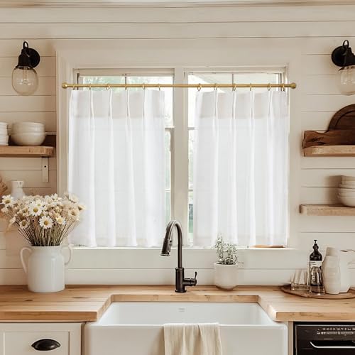 jinchan Linen Pinch Pleated Kitchen Curtains 36 Inch 2 Panels, Natural Linen Tier Curtains Back Tab Beige Farmhouse Cafe, Light Filtering Small Window Drapes for Bathroom Laundry Room Off White