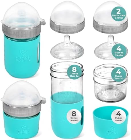 Mason Bottle Baby Glass Bottle Gift Set โ Includes 8oz & 4oz Feeding Bottles, Slow & Medium Flow Nipples, Silicone Sleeves, Caps and Rings โ BPA-Free, Non-Toxic, Anti-Colic
